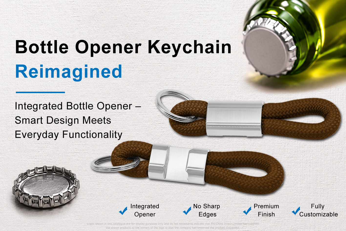 Custom bottle opener keychain with integrated opener and rope loop