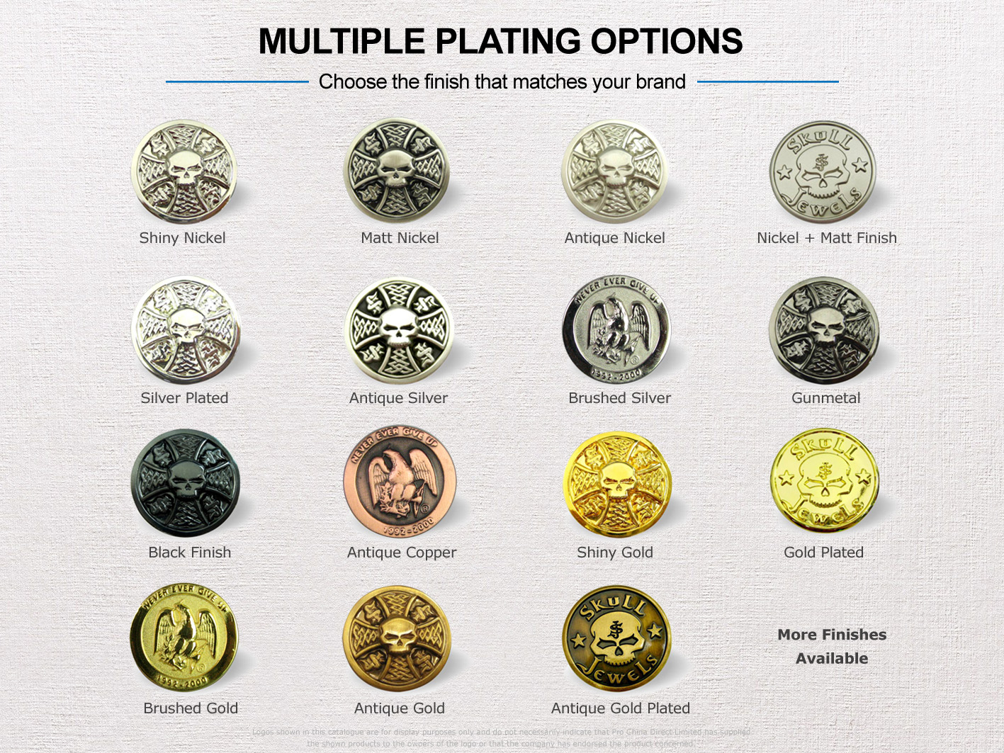 Metal plating options for custom bottle opener keychains including nickel, silver, gunmetal, copper and gold finishes