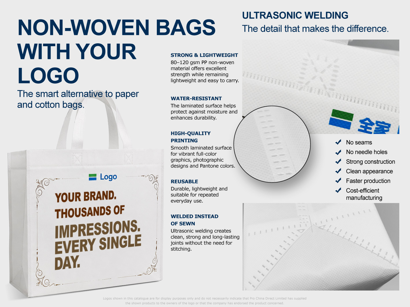 Custom non-woven bags with logo featuring ultrasonic welding, laminated PP material and high-quality full-colour printing