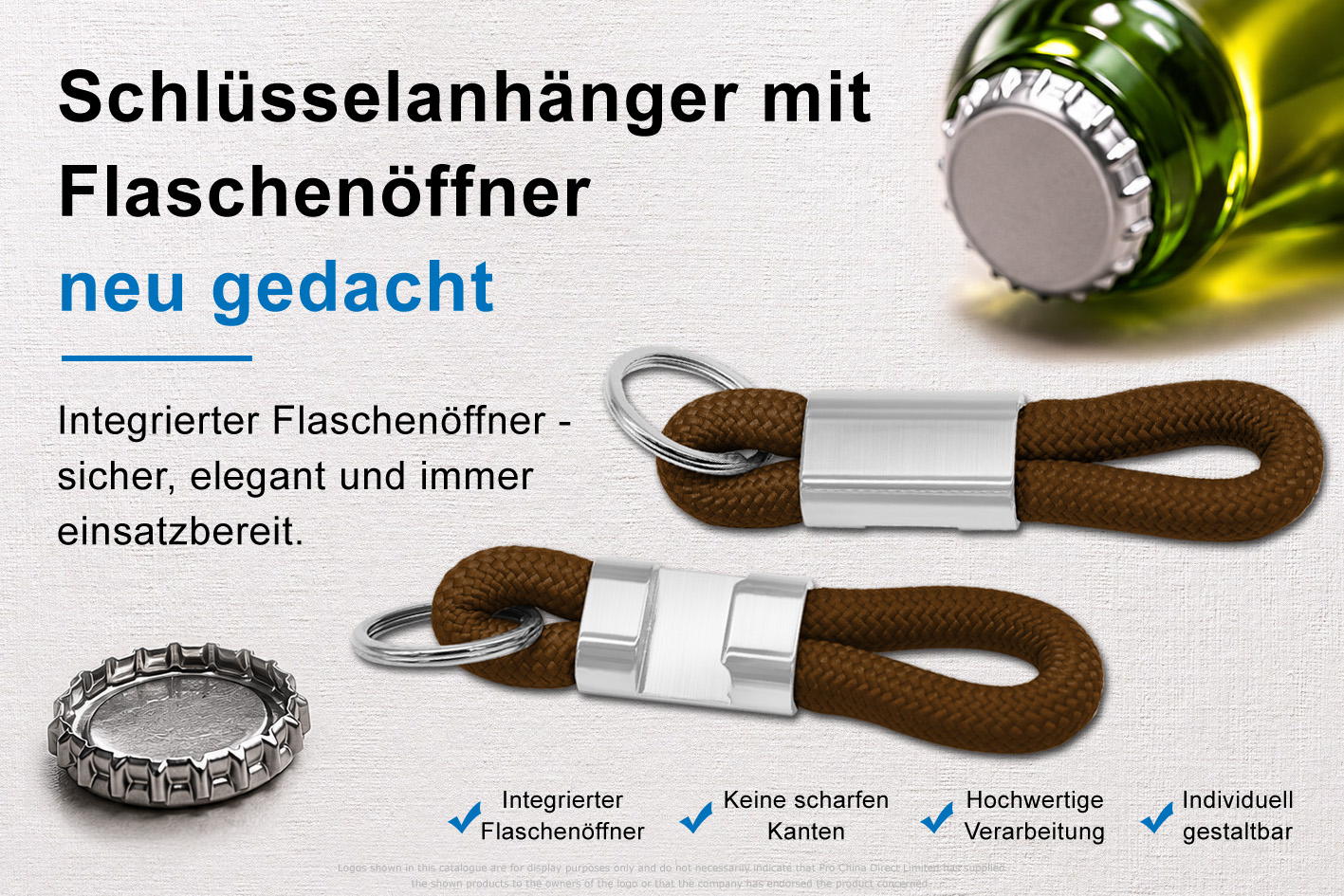 Schlüsselanhänger mit Flaschenöffner aus Seil mit individueller Logo-Veredelung