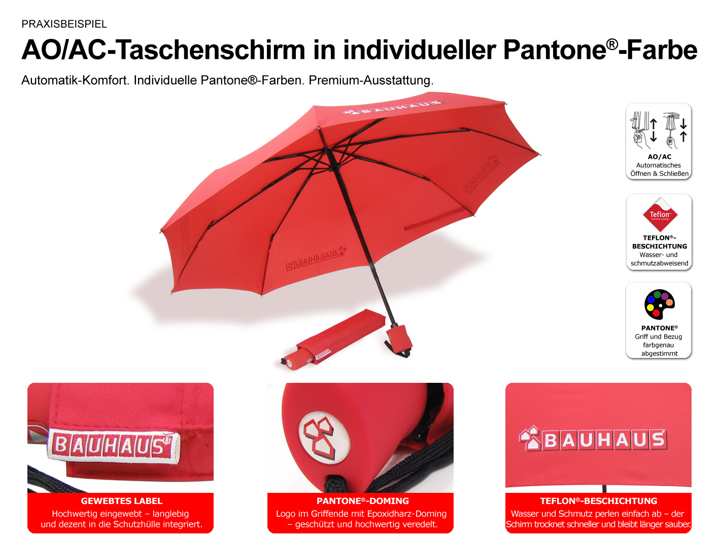 Individuell gefertigter automatik-Taschenschirm mit Pantone®-Farbabstimmung, Teflon®-Beschichtung, Doming am Griff und gewebtem Label