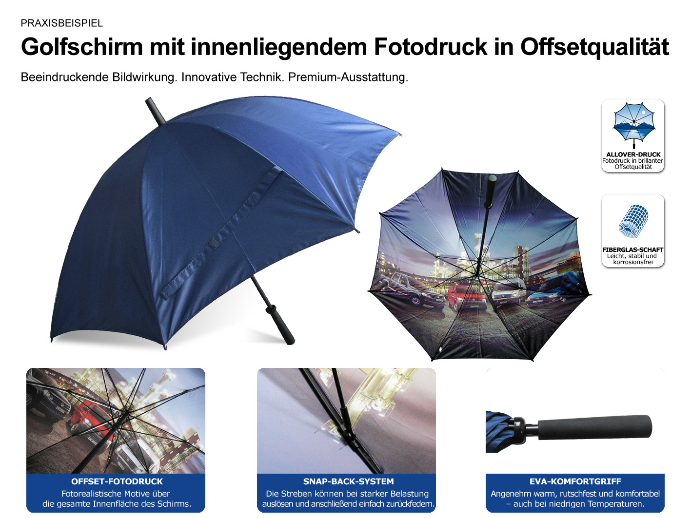 Golfschirm mit innenliegendem Allover-Fotodruck in Offsetqualität sowie Fiberglas-Schaft, Snap-Back-Gestell und EVA-Komfortgriff