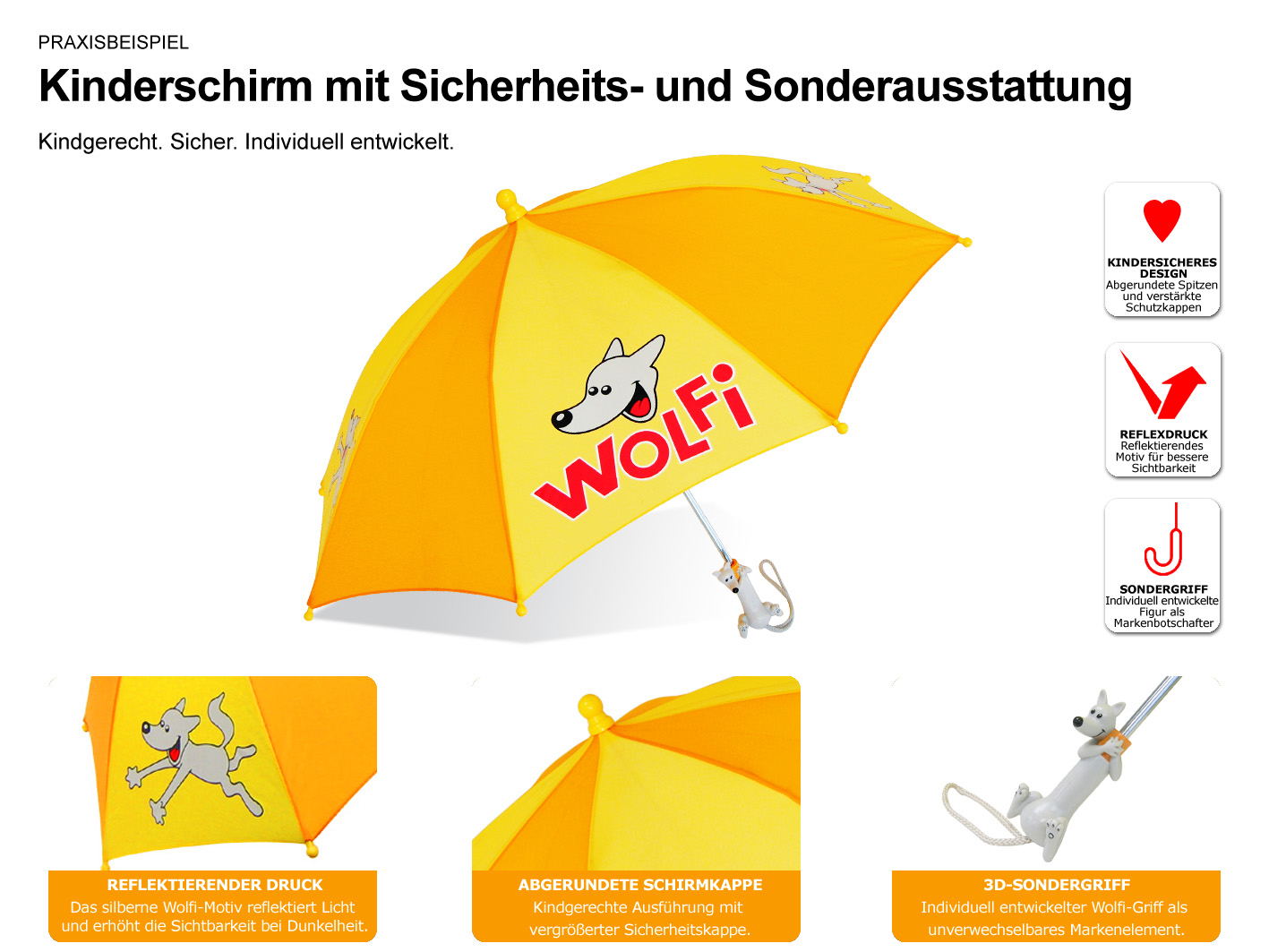 Individuell entwickelter Kinderschirm mit abgerundeten Spitzen, reflektierendem Druck und 3D-Sondergriff in Tierform