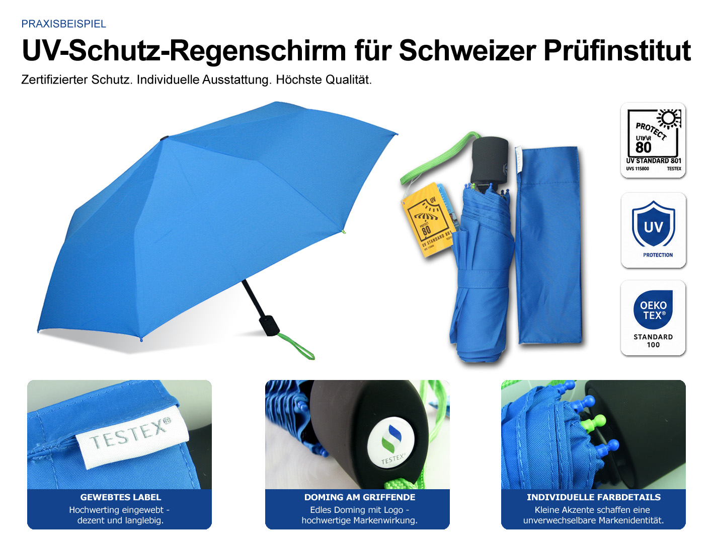 Regenschirm mit UV STANDARD 801®, gewebtem Label, Doming-Griff, Hangtag und individuellen Ausstattungsmerkmalen