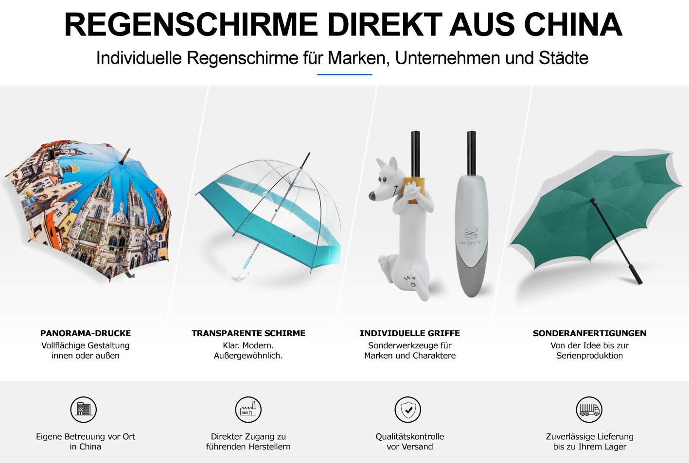 Regenschirme direkt aus China mit Panorama-Druck, transparentem Schirm, individuellen Griffen und Sonderanfertigungen