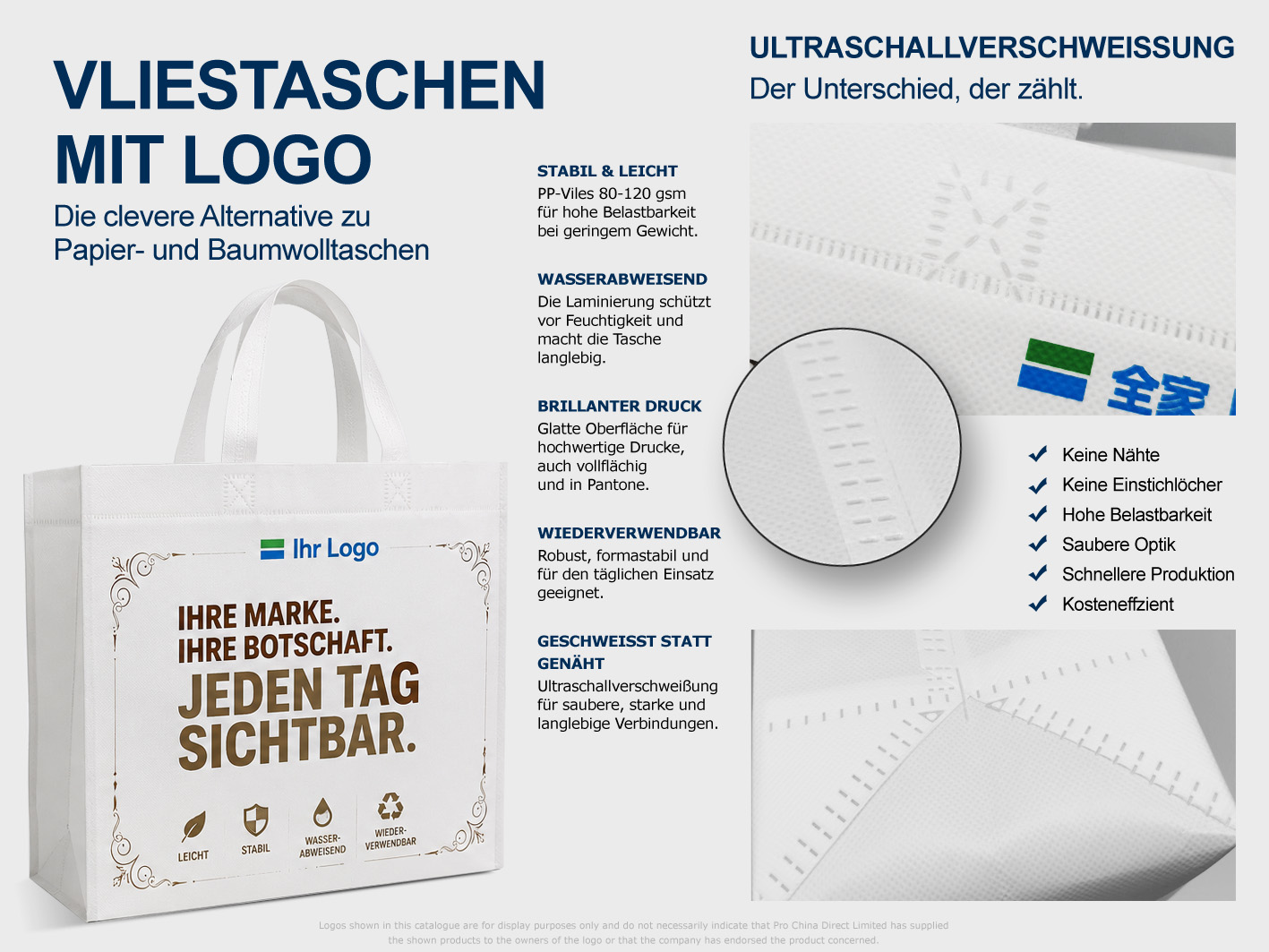 Vliestaschen mit Logo aus PP Non-Woven Material mit Ultraschallverschweißung und individuellem Vollfarbdruck