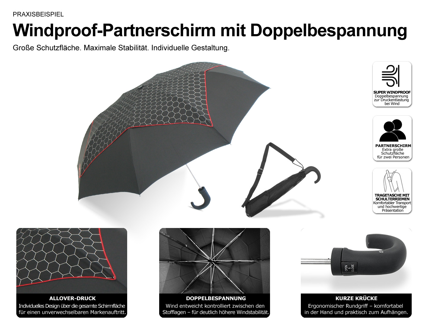 Windproof-Partnerschirm mit Doppelbespannung, Allover-Druck auf der Außenschicht, großer Schutzfläche für zwei Personen und Netztasche mit Schultergurt